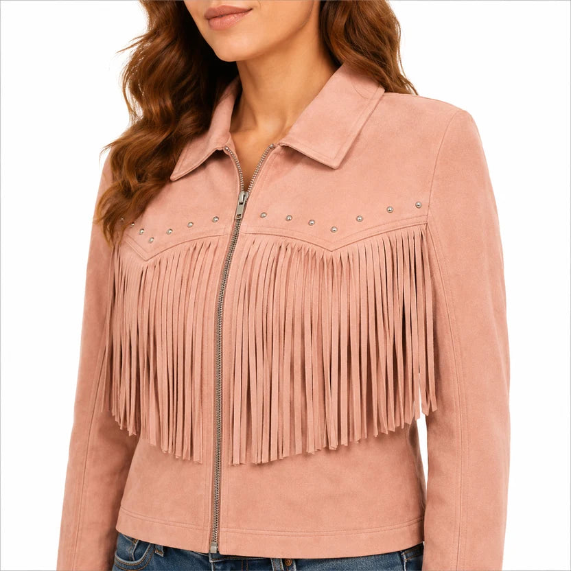 Pink Suede Fringe Jacket Western Boho