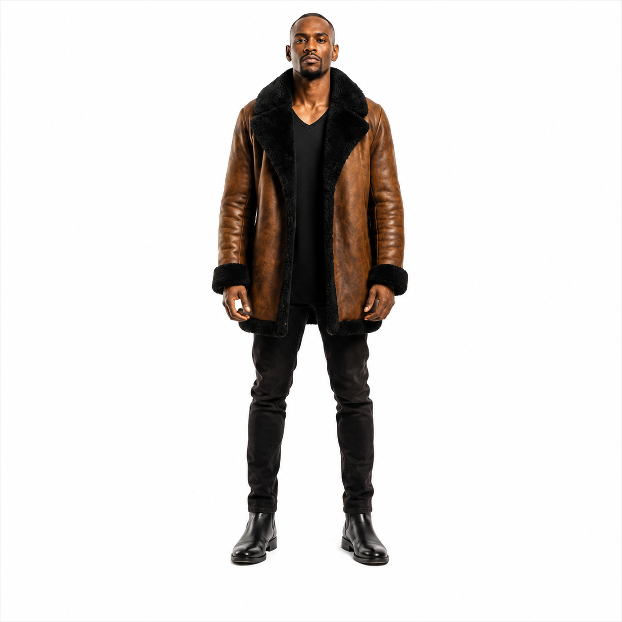 Genuine Leather Shearling Coat Fur Collar Detail