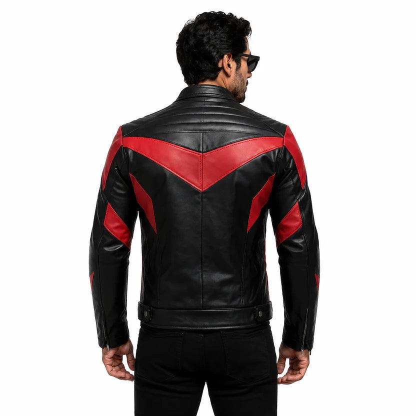 Men's Black Red V-Panel Racer Leather Jacket