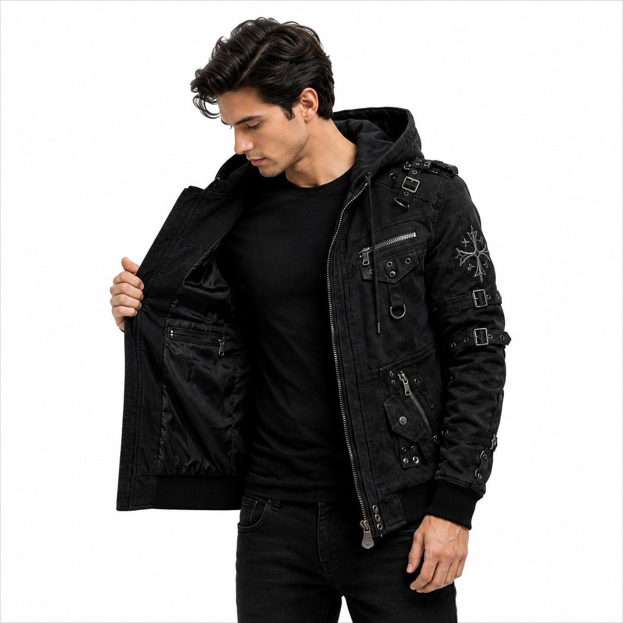 Men's Black Gothic Hooded Biker Jacket