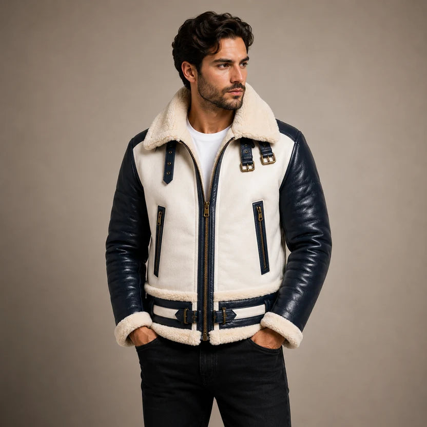 Navy blue leather quilted sleeves on white shearling bomber jacket