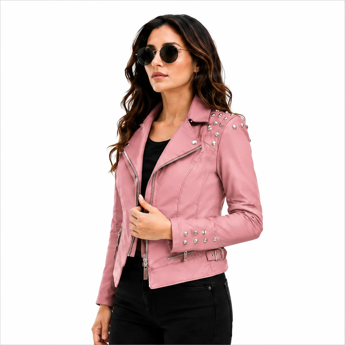 Women's Pink Studded Leather Jacket