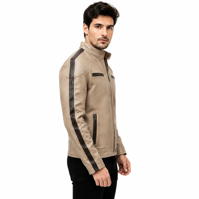beige leather racer jacket