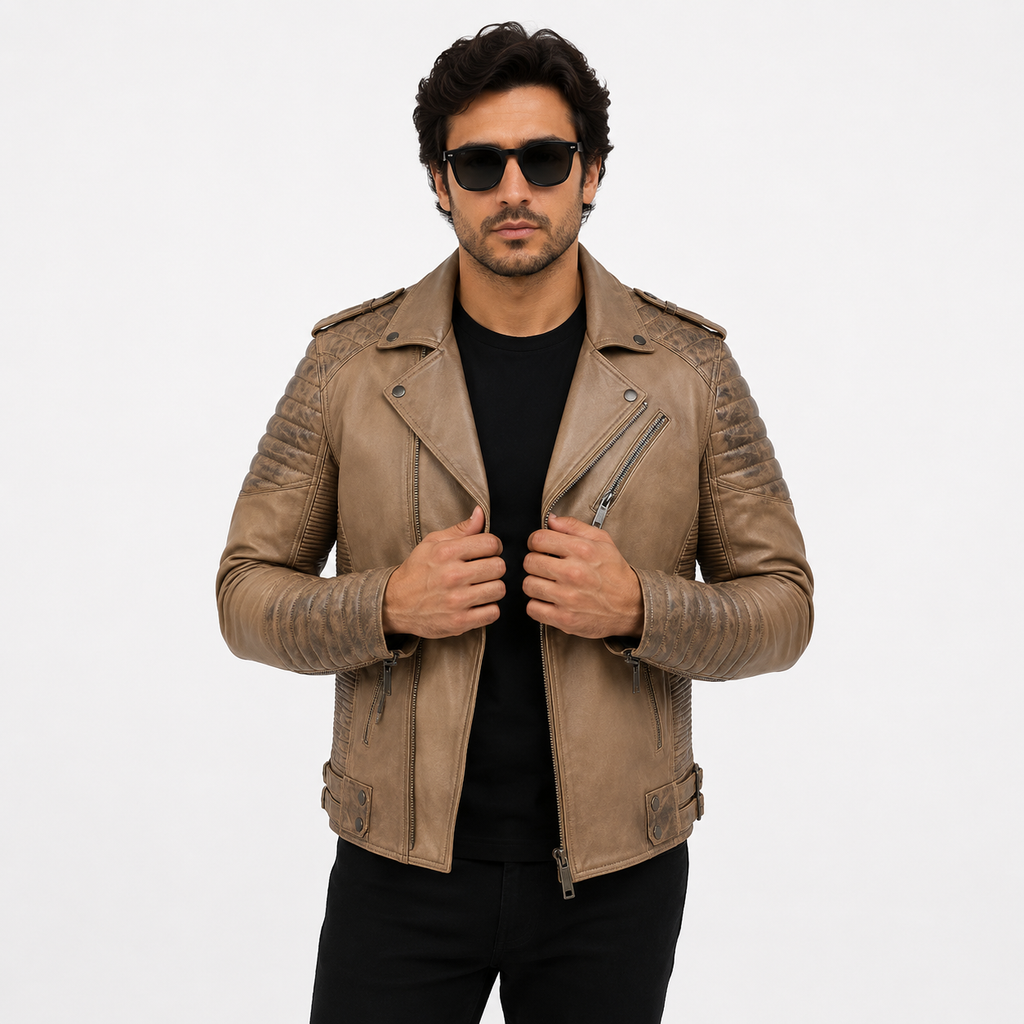 Men's Distressed Beige Taupe Asymmetric Leather Biker Jacket