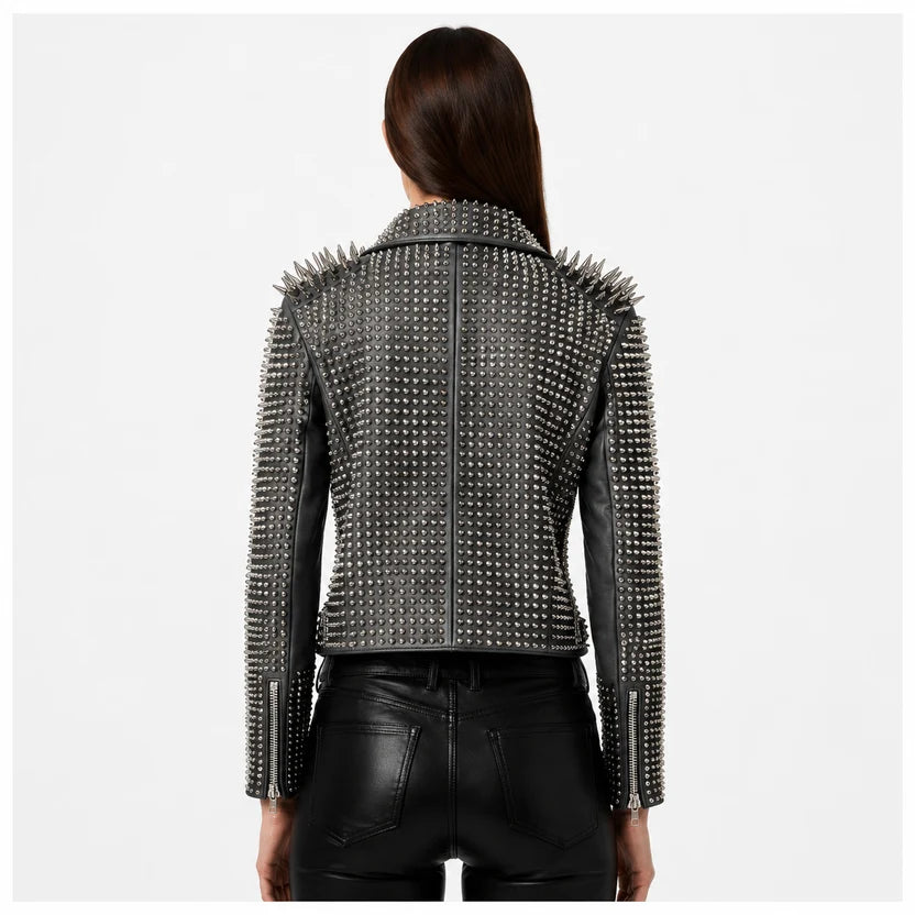 women's charcoal grey studded leather moto jacket
