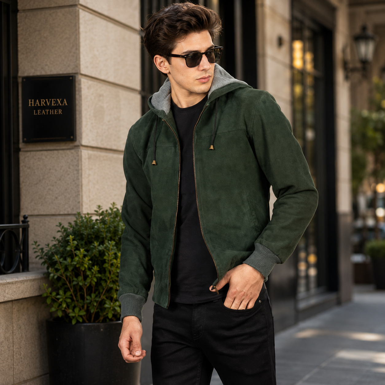 Nintenzo Green Hooded Suede Bomber Jacket