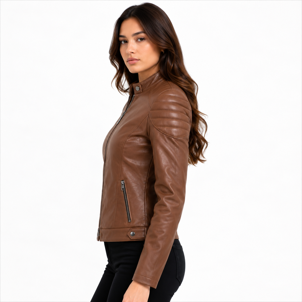Women's Classic Cognac Brown Cafe Racer Leather Biker Jacket