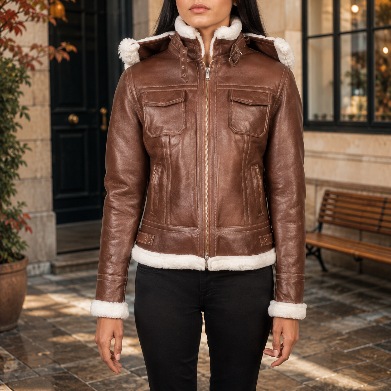 Fiona Brown Hooded Shearling Leather Jacket