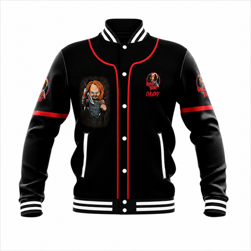 black varsity horror doll baseball jacket with red piping and prints