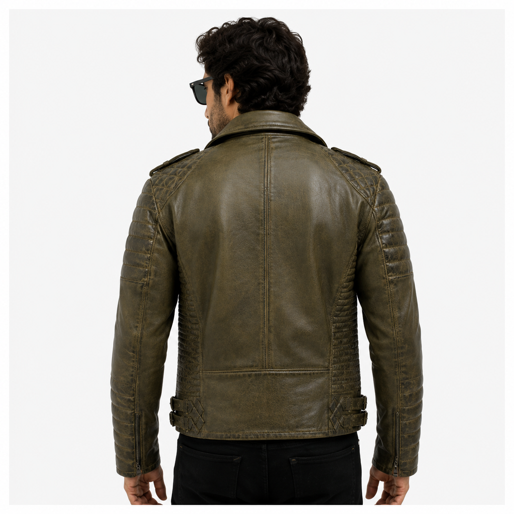 Men's Distressed Olive Green Leather Biker Jacket