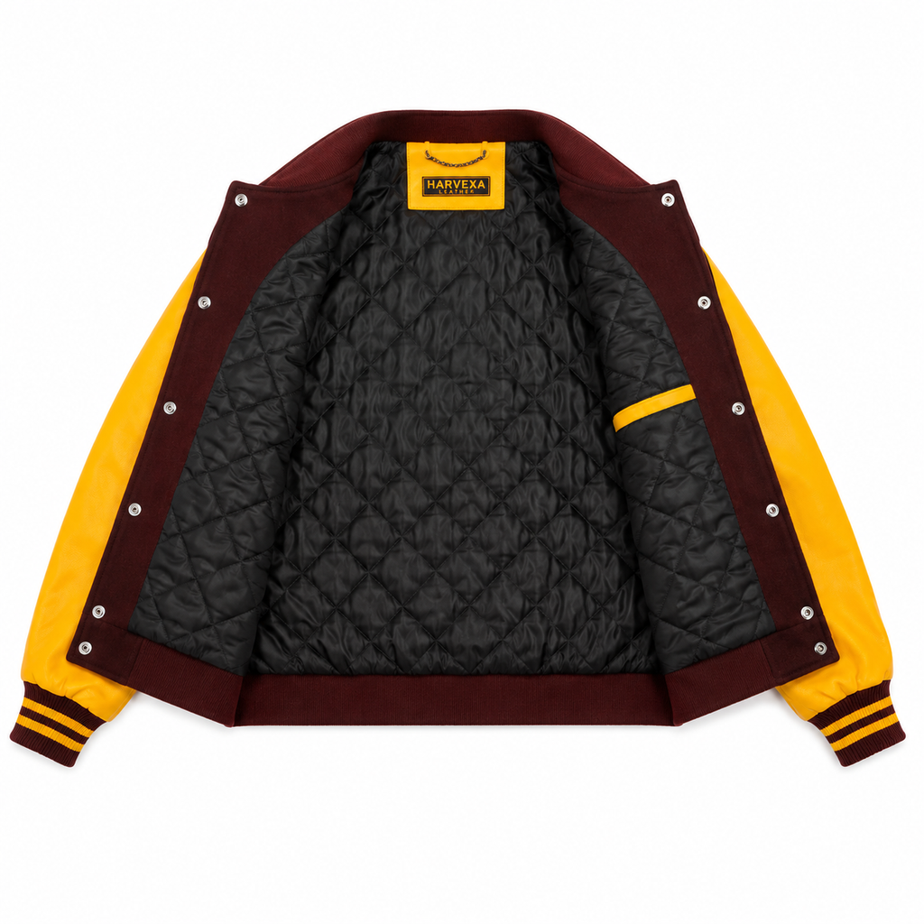 Maroon and Yellow College Dropout Bear Varsity Jacket Side View with 04 Patch on Sleeve