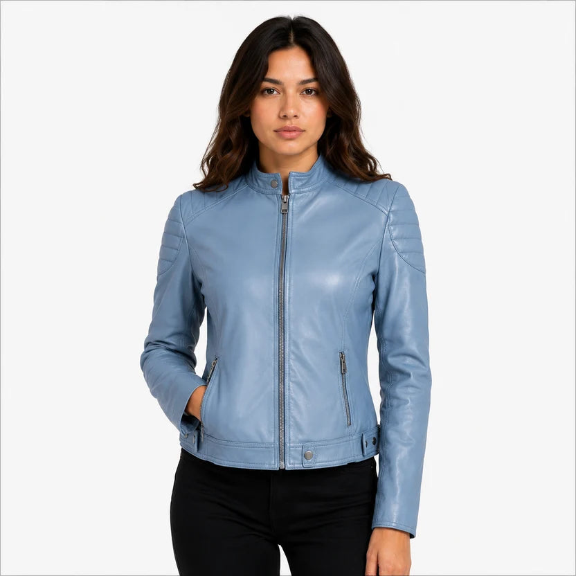 Women's Light Blue Genuine Leather Cafe Racer Jacket