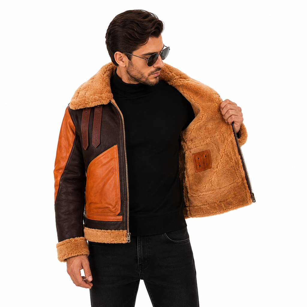 Tan Shearling Leather Bomber Jacket