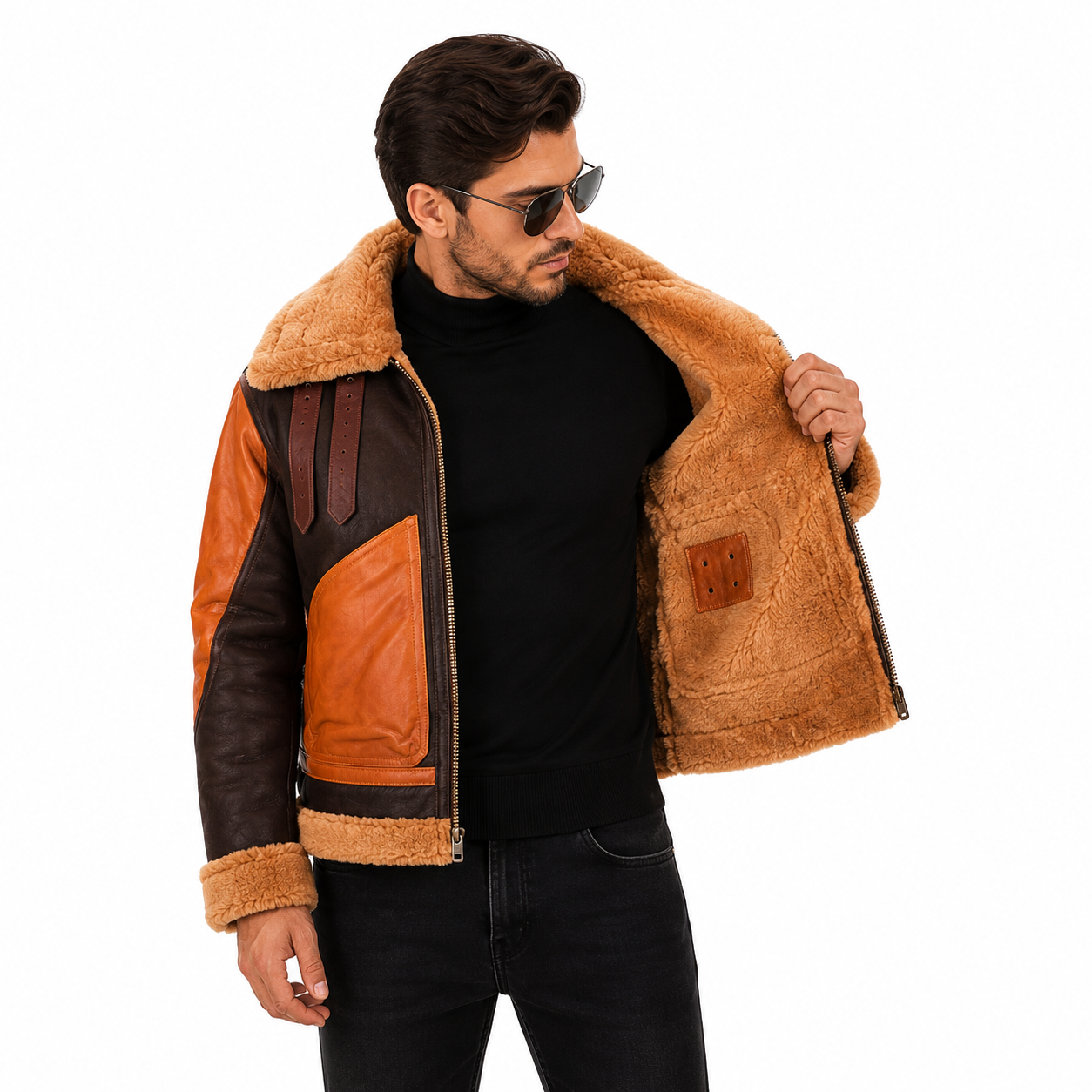 Tan Shearling Leather Bomber Jacket