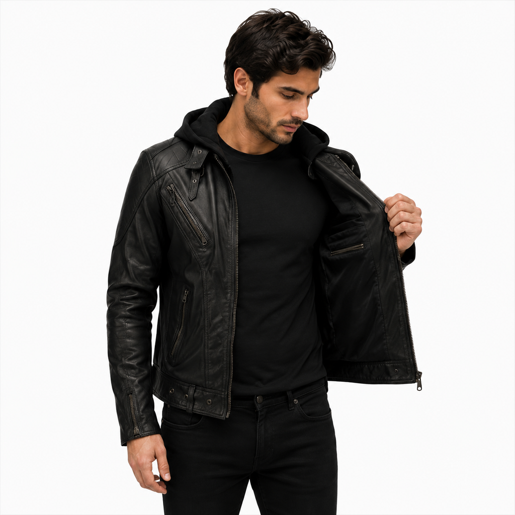 Men's Belted Black Leather Jacket