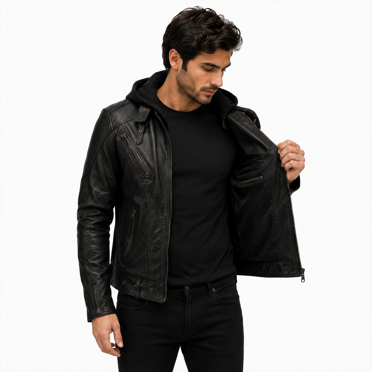 Men's Belted Black Leather Jacket