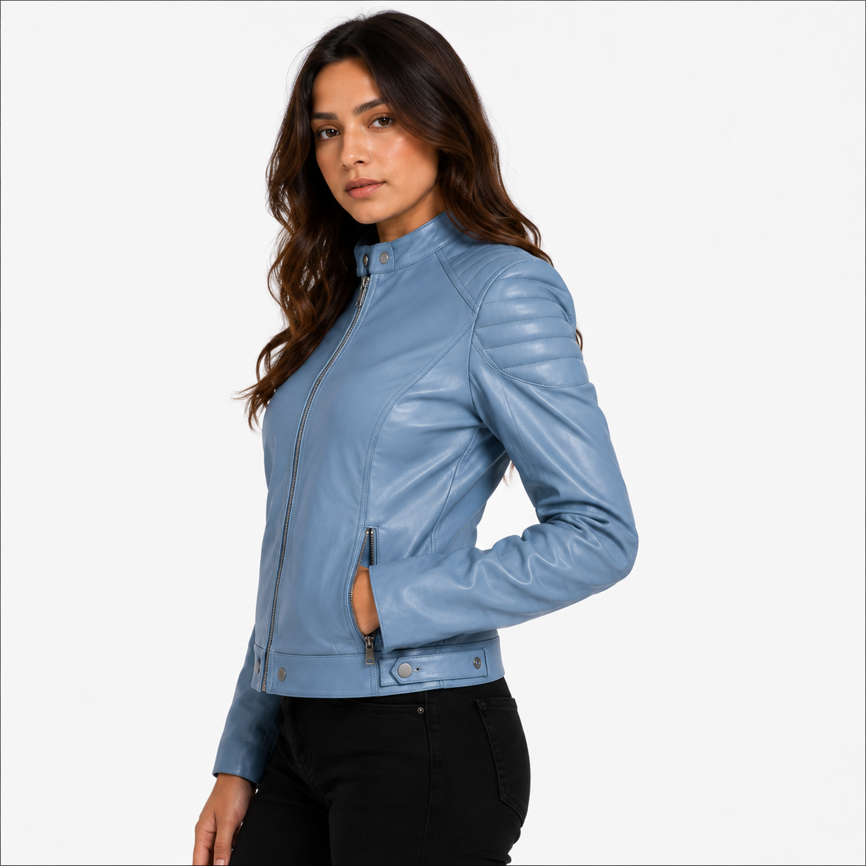 Women's Pastel Steel Blue Cafe Racer Leather Biker Jacket