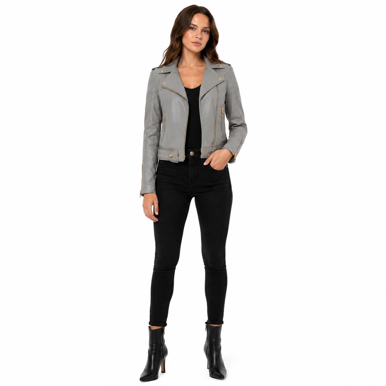 Women's Gray Asymmetrical Belted Leather Biker Jacket