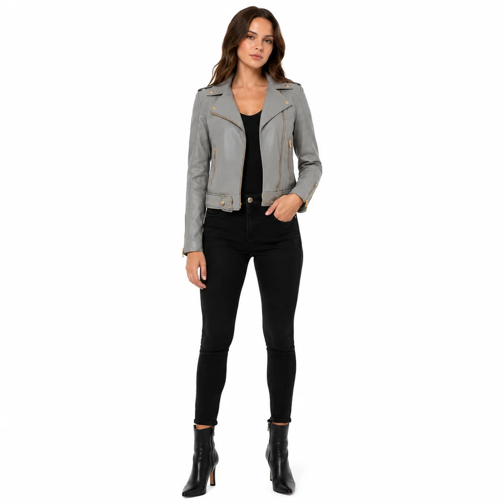 Women's Grey Biker Leather Jacket