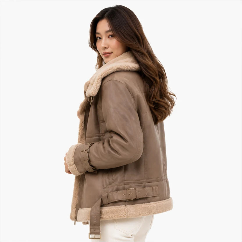 Women's brown shearling aviator jacket winter outfit