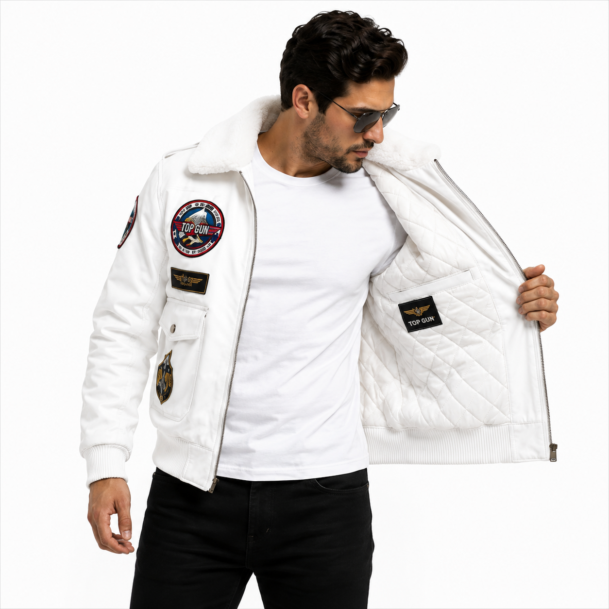 Men's White Top Gun Flight Bomber Leather Jacket with Faux Fur Collar