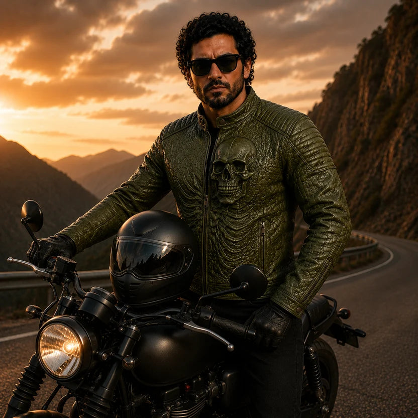 Men's Olive Green Skull Skeleton Leather Jacket Biker Sunset Mountain 