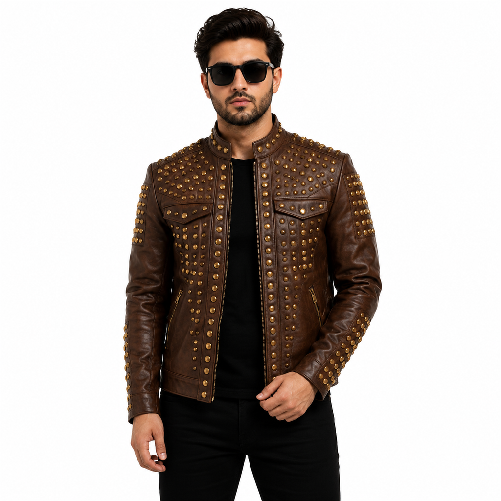 Men's Brown Studded Leather Moto Jacket
