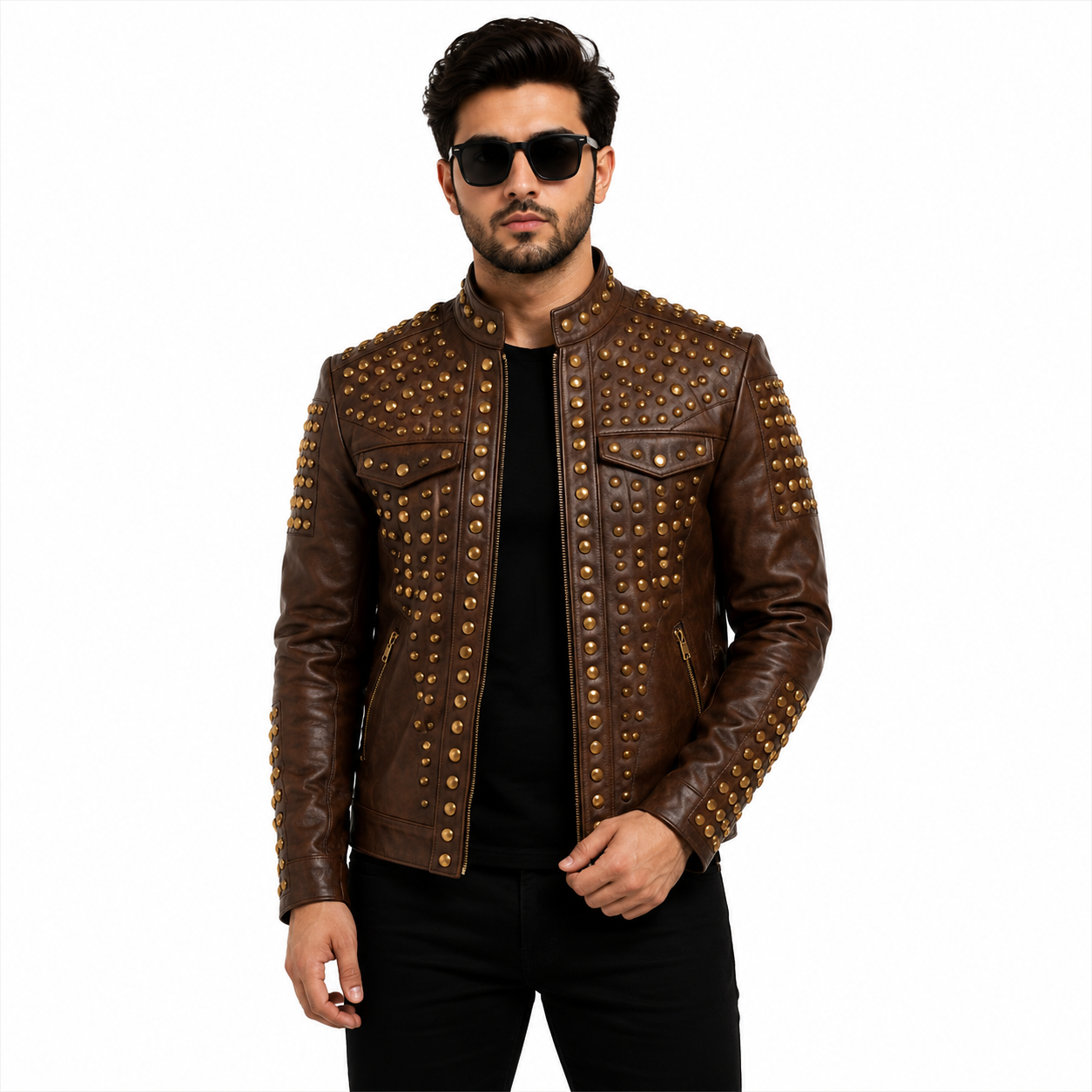 Men's Brown Studded Leather Moto Jacket