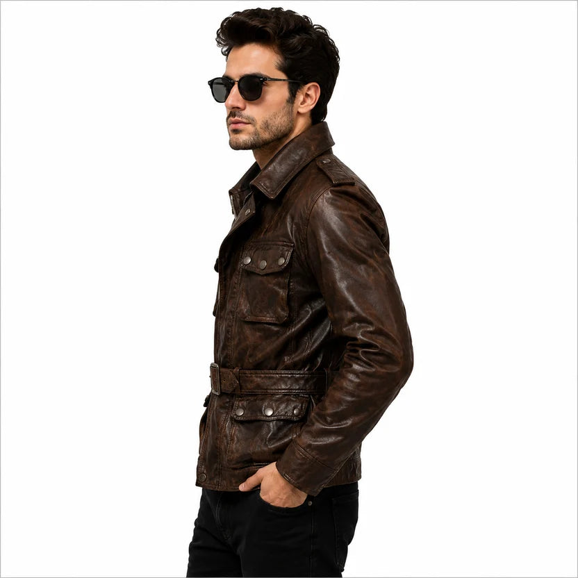 dark brown leather field biker jacket