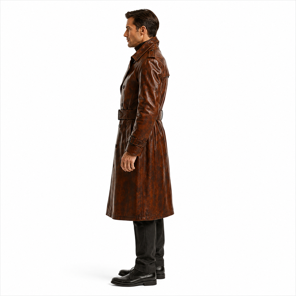  Brown Leather Overcoat for Men Back View