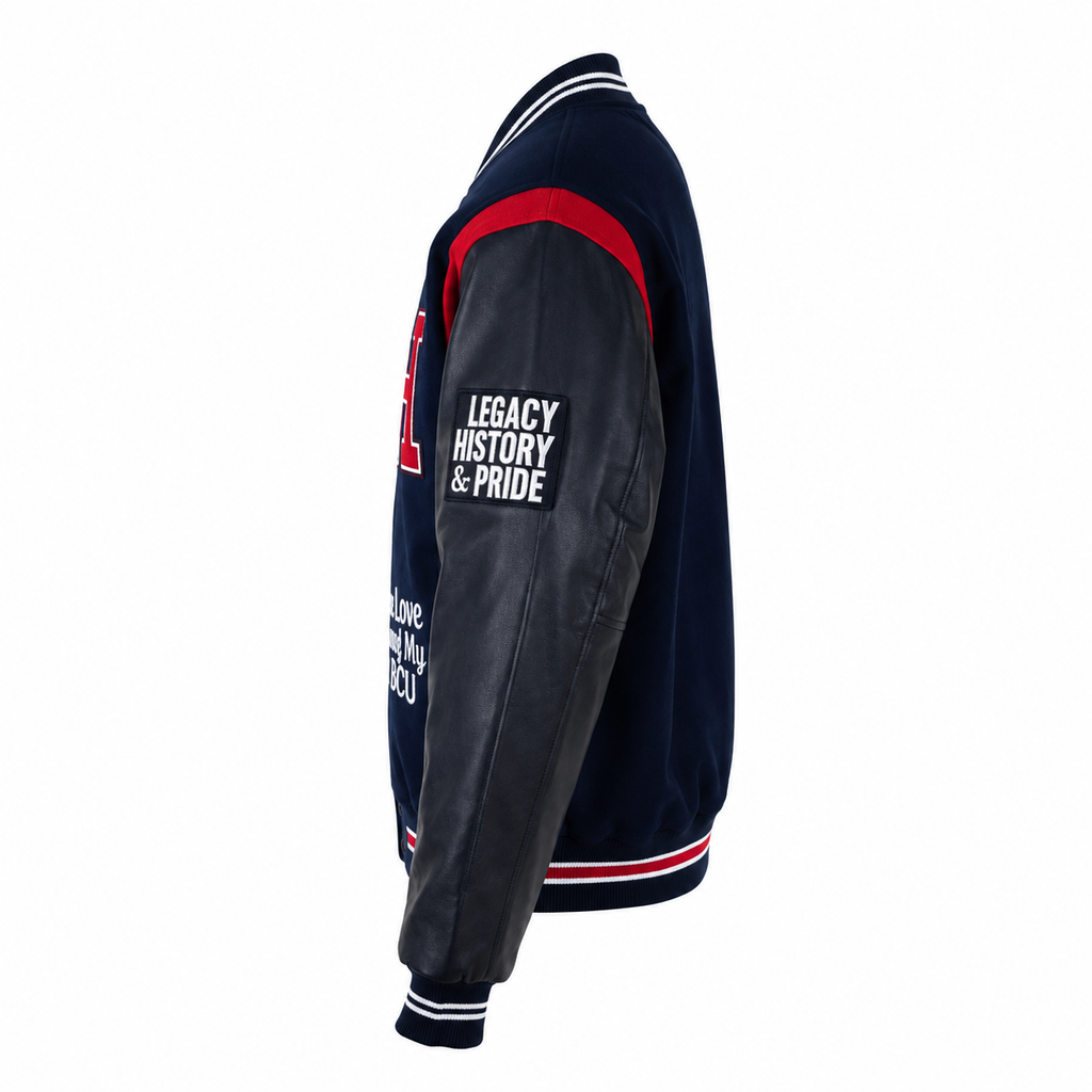Navy Blue and Black Howard University HBCU Varsity Jacket Side View with Legacy History Pride Sleeve Patch