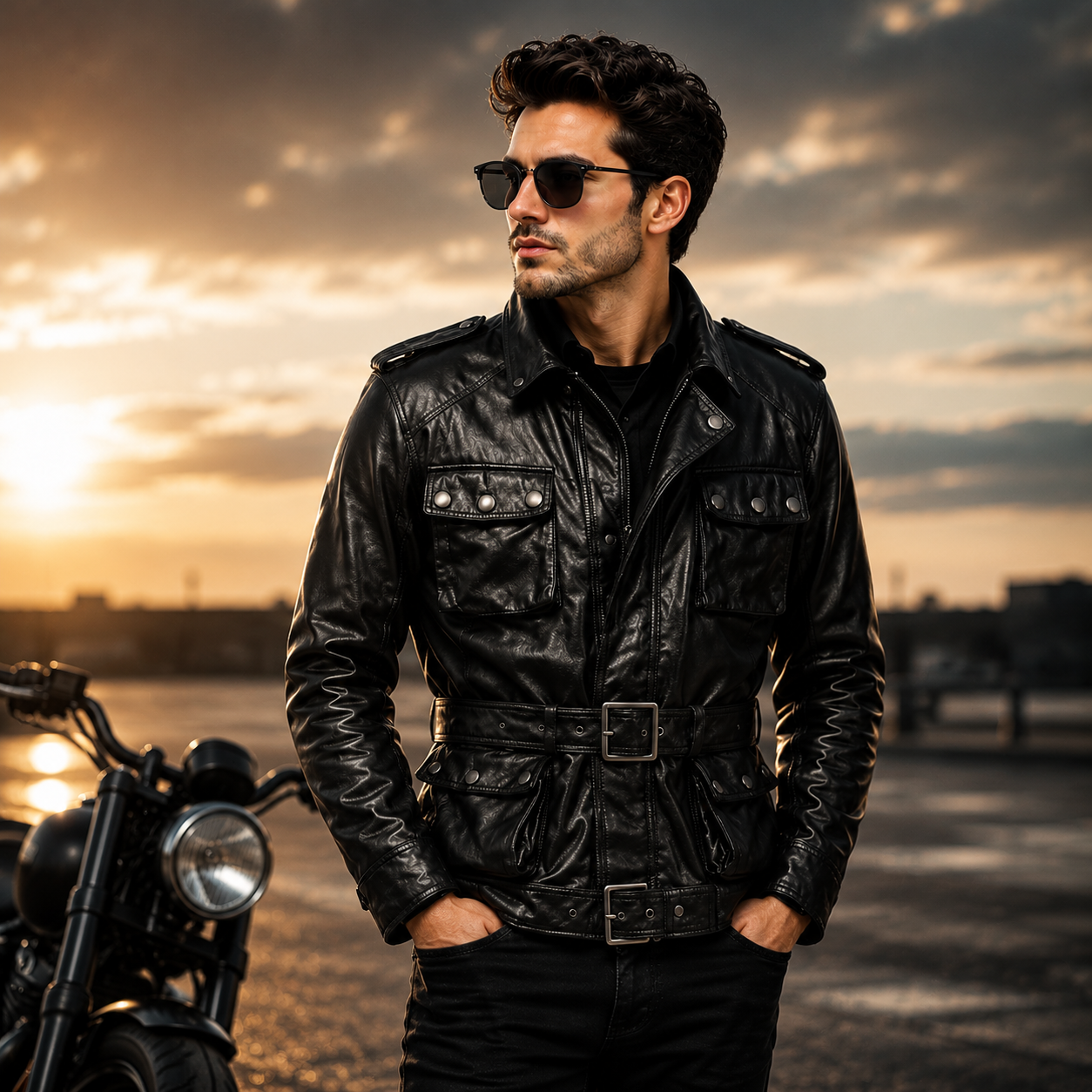 Men's Black Military Safari Leather Field Jacket.