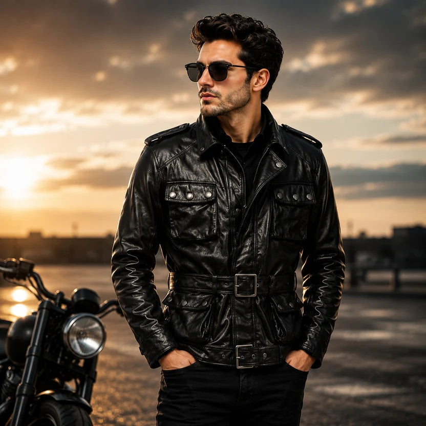 Men's Black Genuine Leather Field Biker Jacket