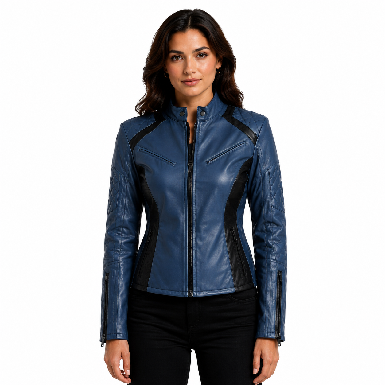 Women's Blue and Black Two-Tone Cafe Racer Leather Jacket