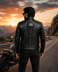Men's Black Skull Embossed Biker Leather Jacket