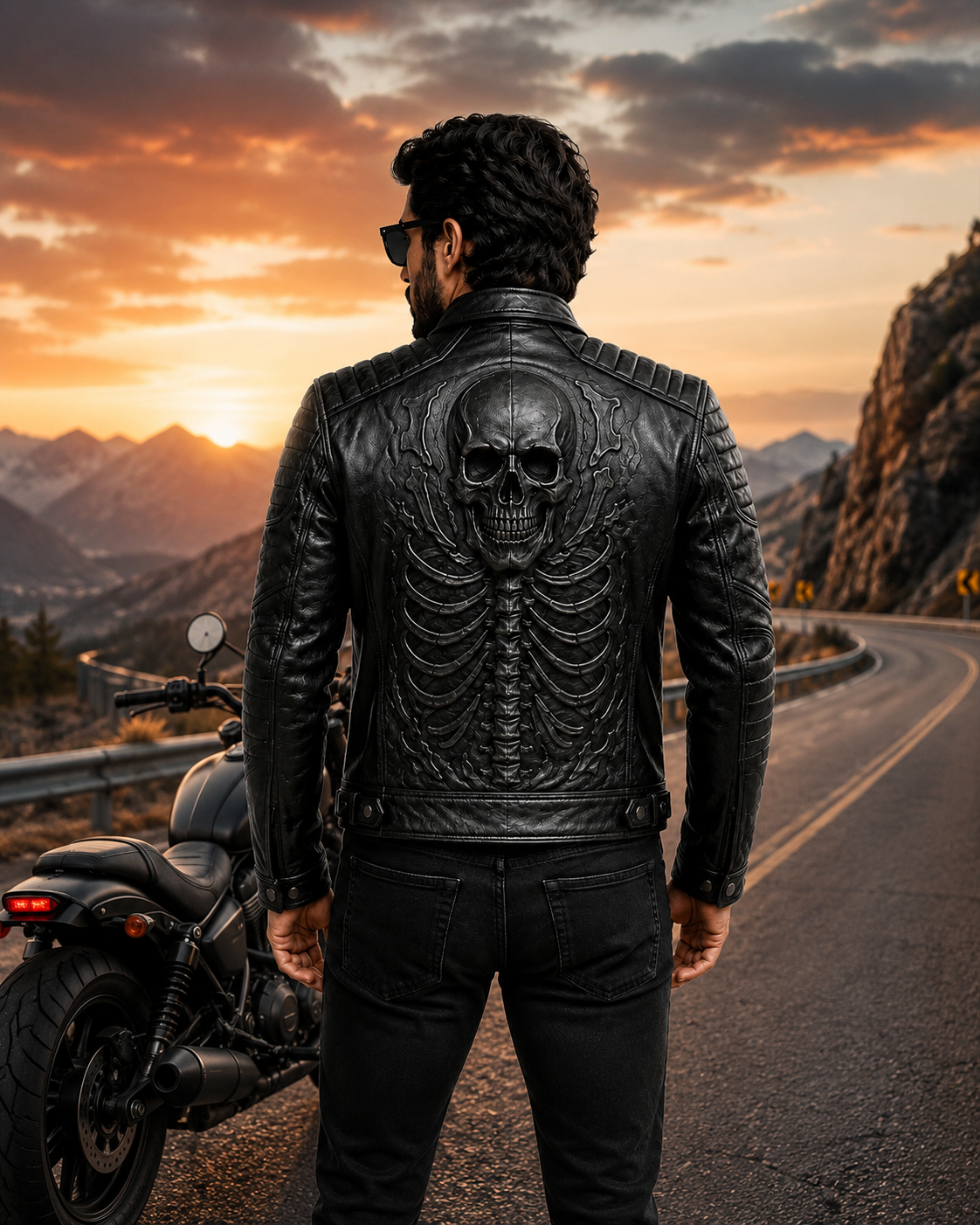 Men's Black Skull Embossed Biker Leather Jacket