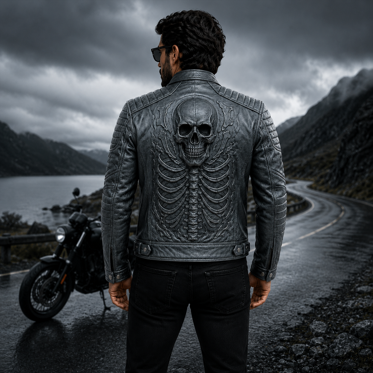 Men's Black Skull Embossed Biker Leather Jacket