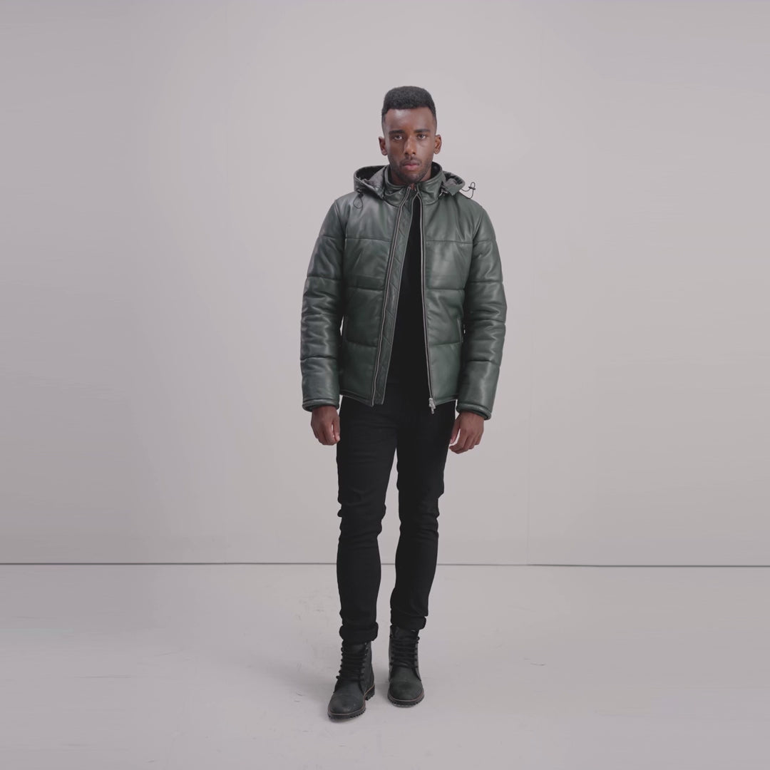 Gordon Black Hooded Leather Puffer Jacket