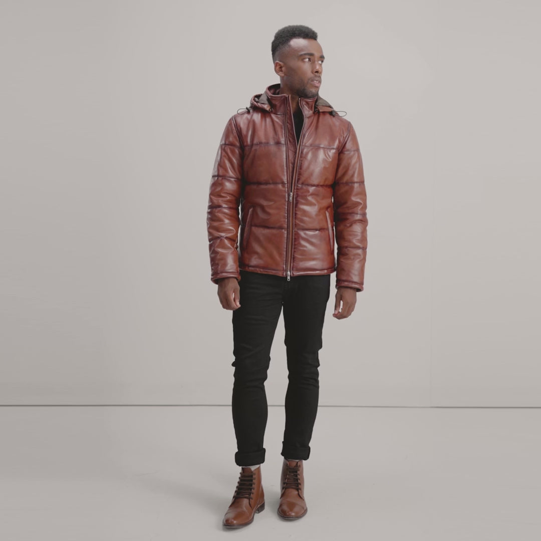 Gordon Black Hooded Leather Puffer Jacket