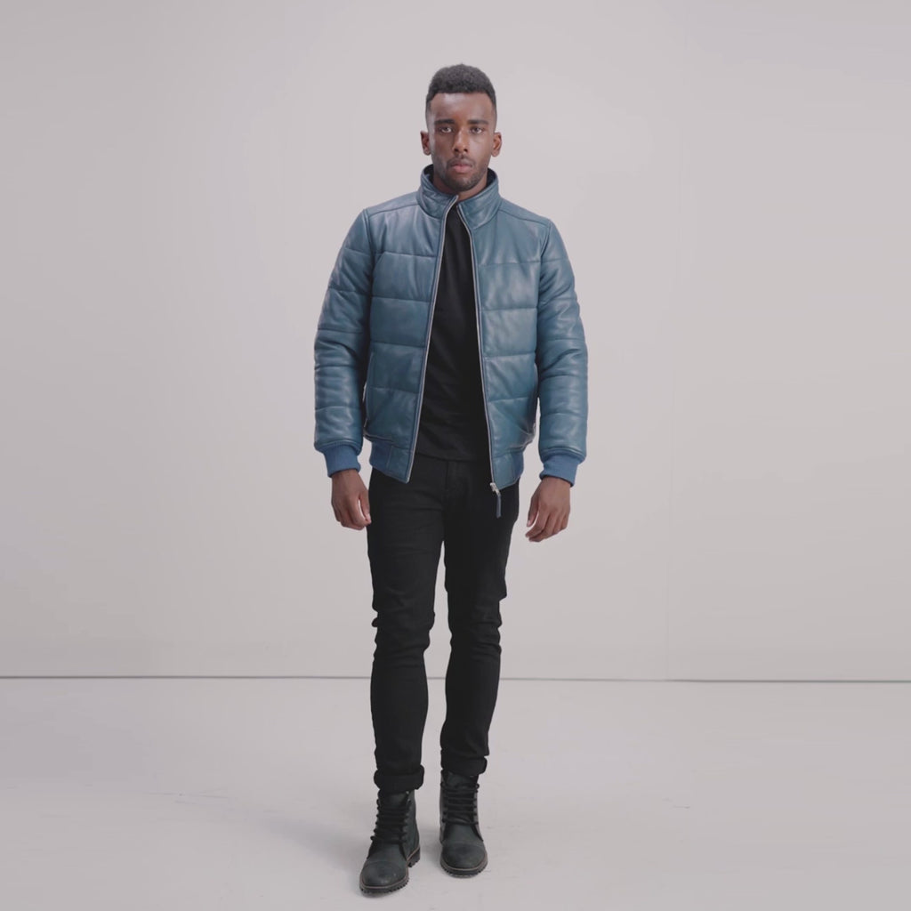 Lucas Black Leather Puffer Bomber Jacket