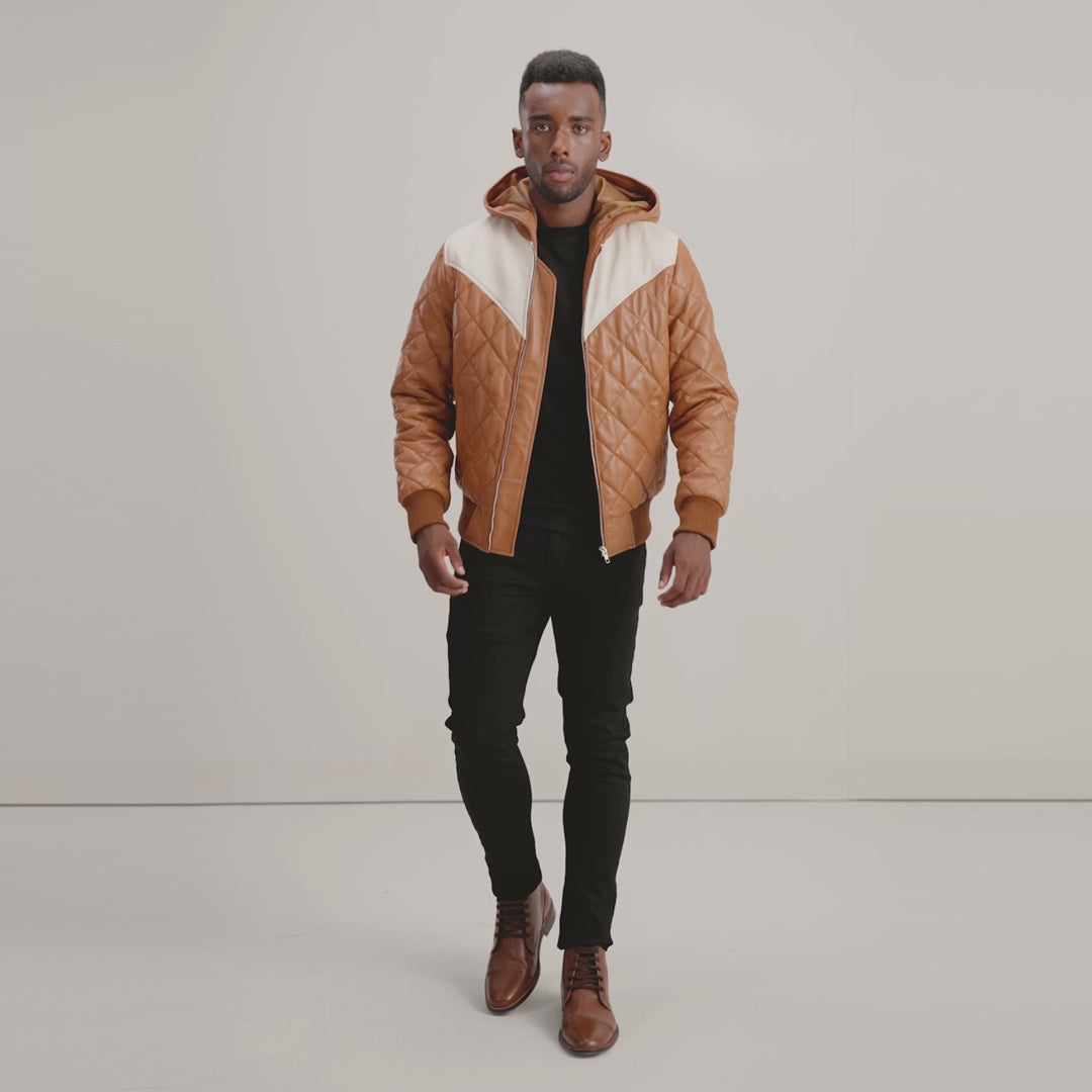 Norman Tan Hooded Bomber Leather Puffer Jacket