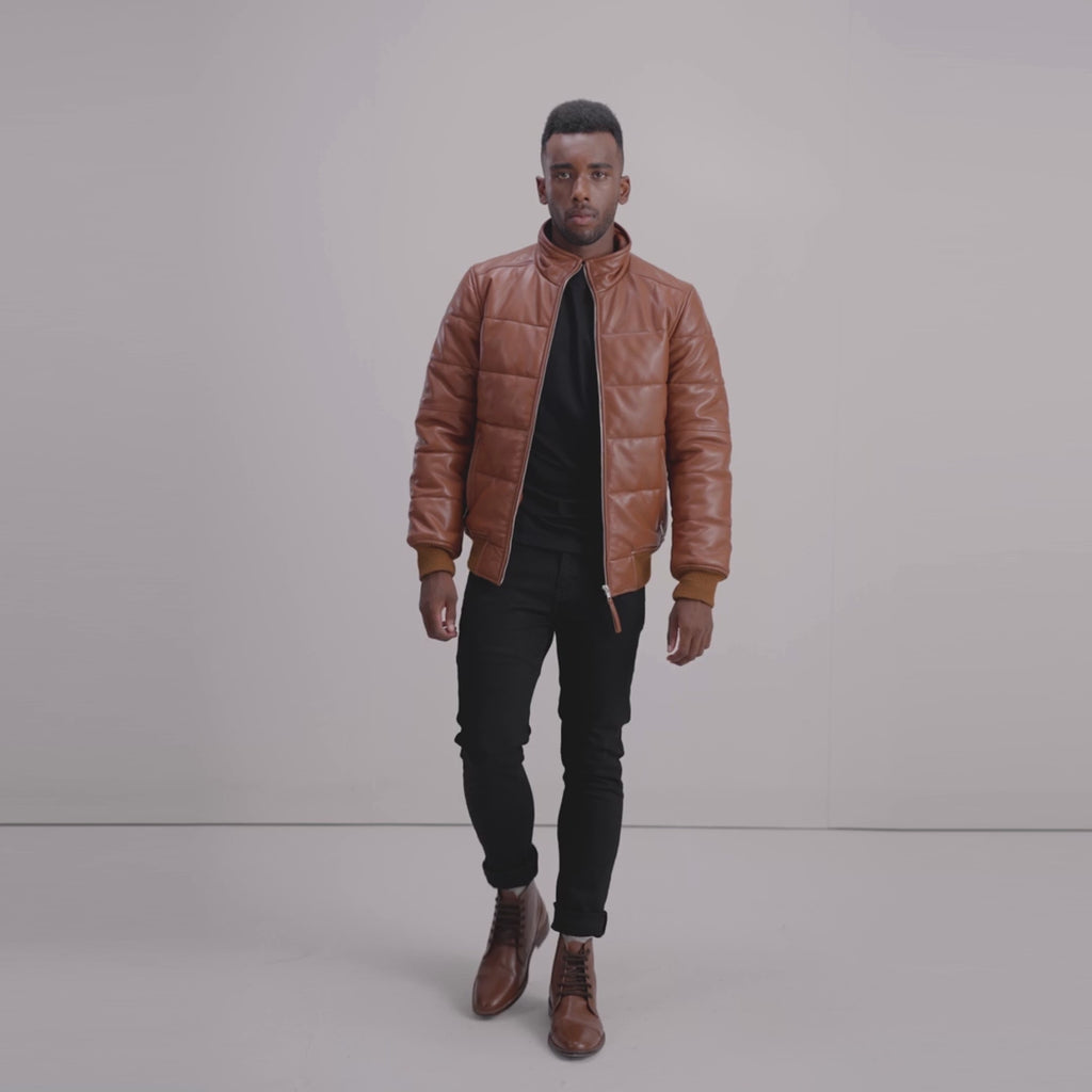Lucas Black Leather Puffer Bomber Jacket
