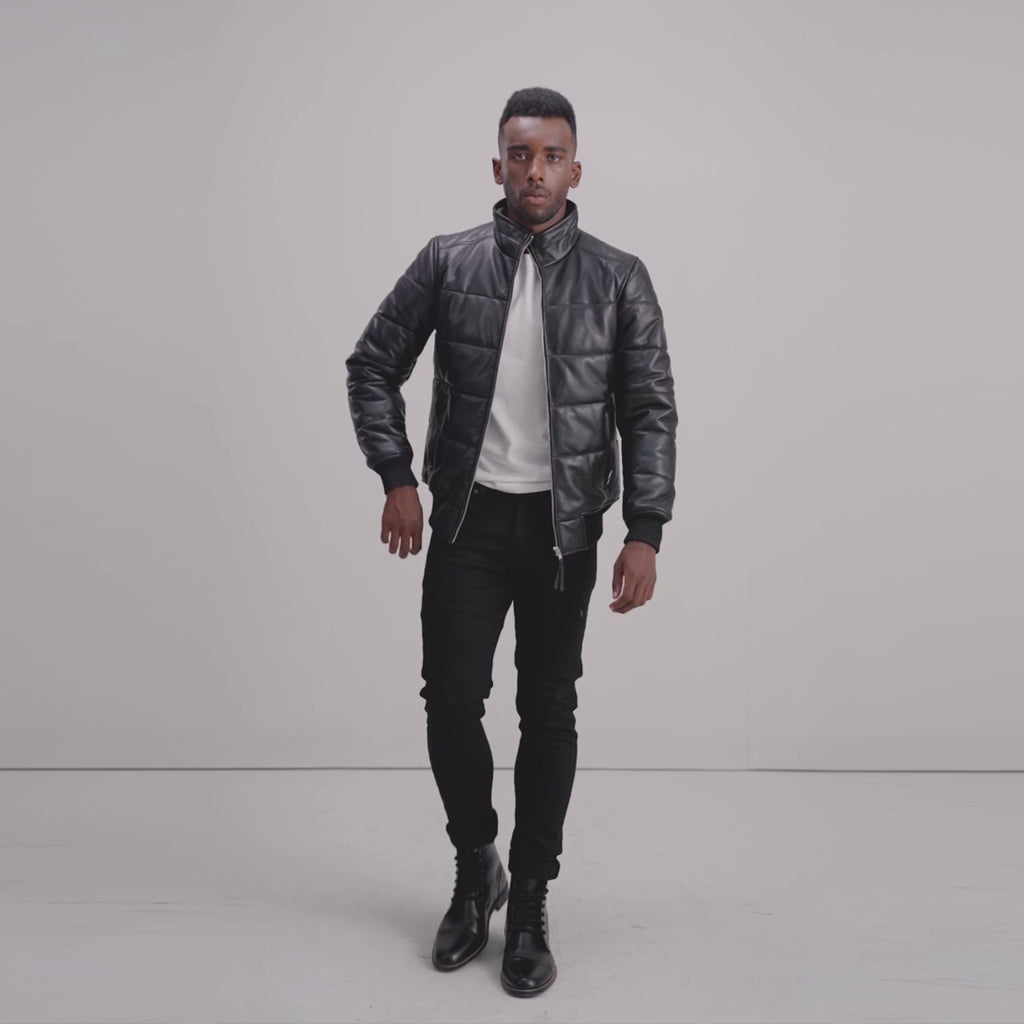 Lucas Black Leather Puffer Bomber Jacket