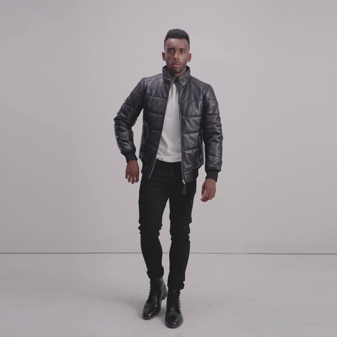 Lucas Black Leather Puffer Bomber Jacket
