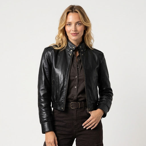 Black women's leather jacket featuring a snap button stand up collar, front zipper pockets, and detailed stitching